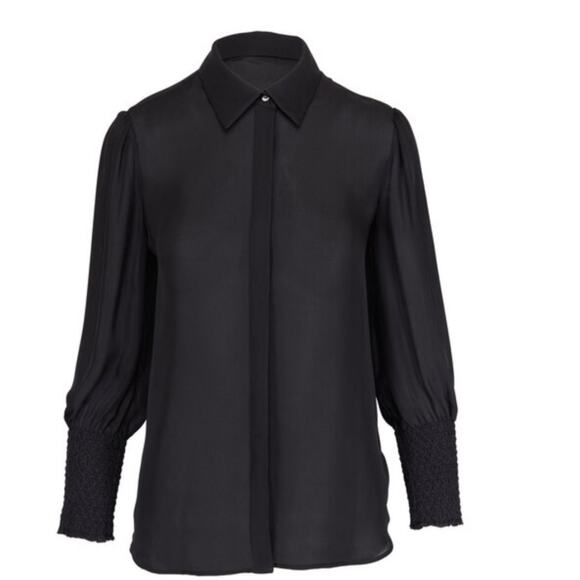 L'AGENCE Lucin Diamond Smoked Cuff Silk Blouse Small Black Sophisticated Luxe